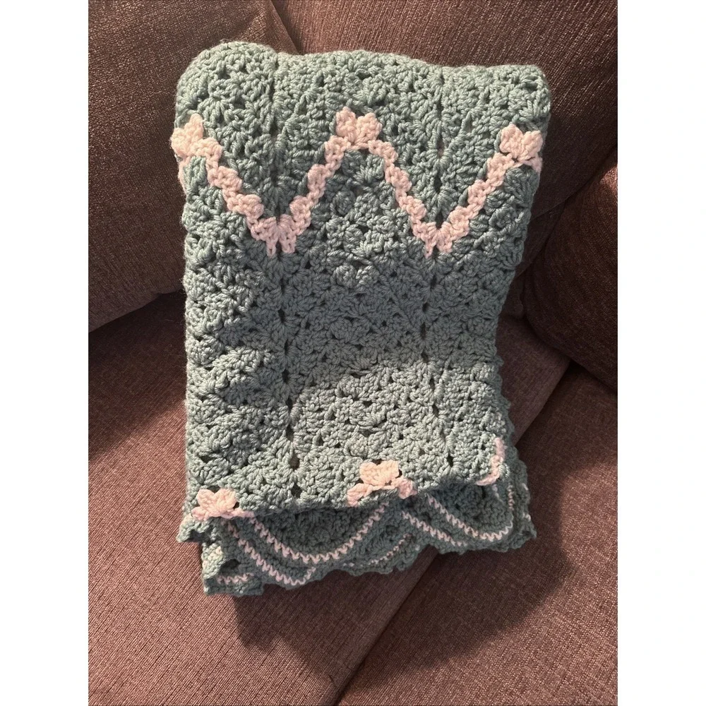 Hand Crocheted seafoam Green Afghan Ruffle 50
